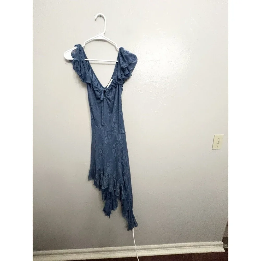 Vintage Y2K Thirty Thirty Dress S Blue Lace Fairycore Hi Low Ruffle Maxi Mesh